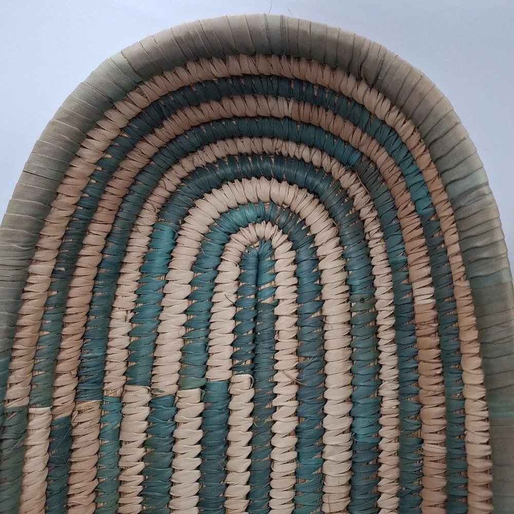 Set Of 2 Hand Woven African Hausa Style‎ Coiled Grass Nesting Baskets Green Tan